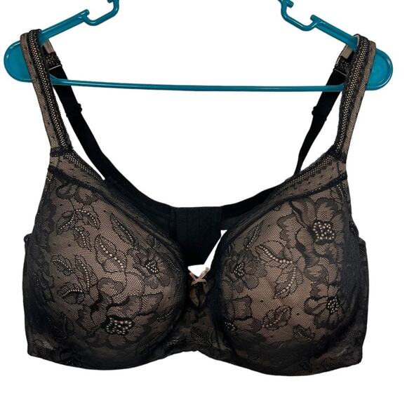 Cacique Black Modern Lace Covered LL BALC Nude Lined Underwire Bra Floral 44DDD - Picture 1 of 16
